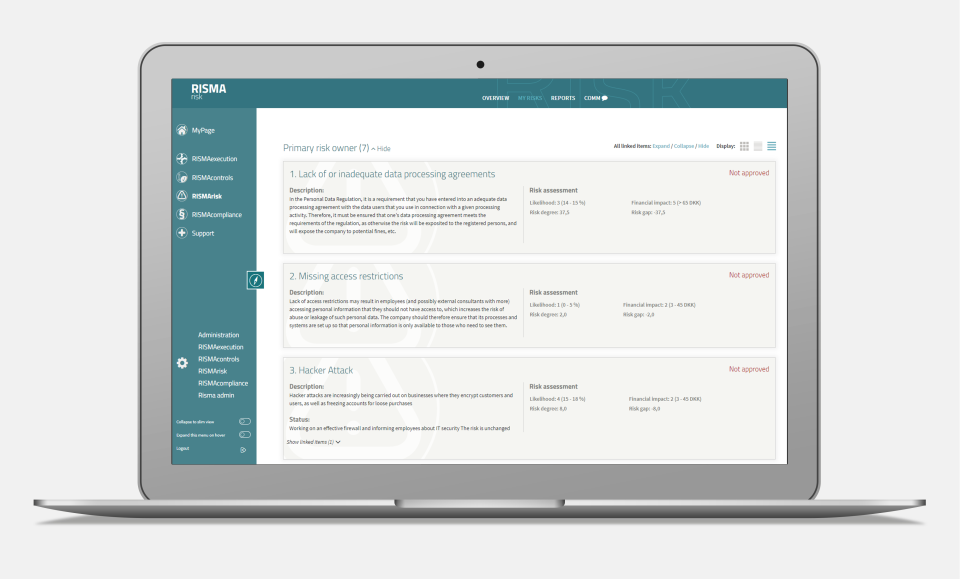 screenshot of Risma GRC Tool